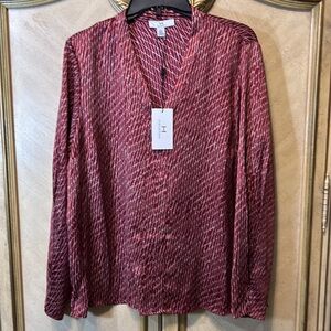 Halston Red Rouge & White Satin Tunic Net Pattern Blouse Large NEW NWT